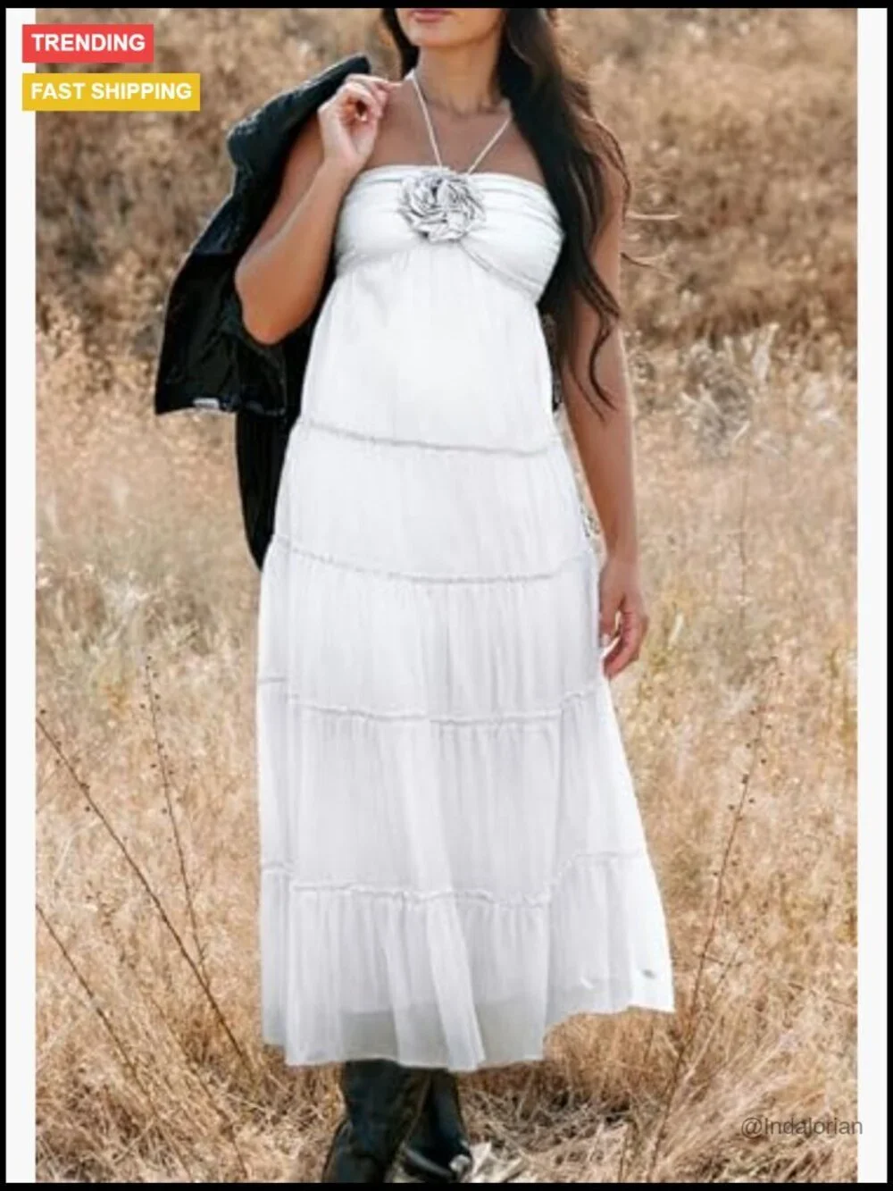 Polyester Spandex Maxi Dress with 3D Flower Embellishments